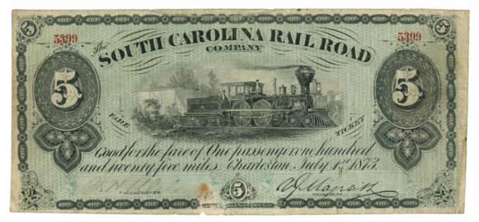 1873 South Carolina Railroad Company Charleston SC 5 Fare Tickets (64962)