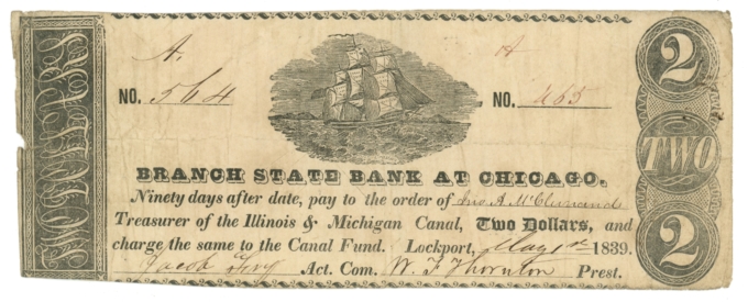 1839 Branch State Bank at Chicago Illinois IL $2 Obsolete - IL & MI Canal 64963