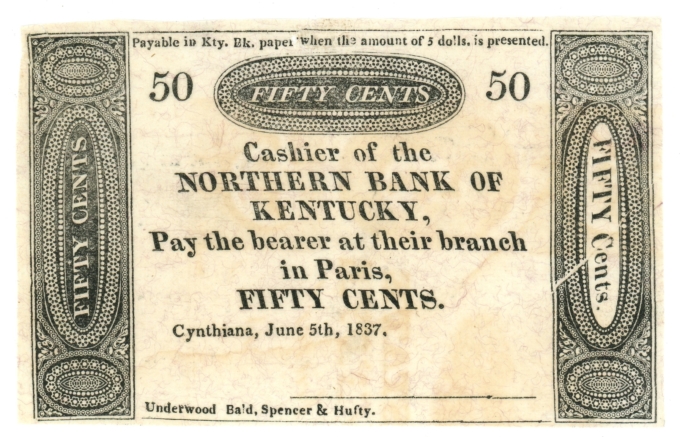 1837 Northern Bank of Kentucky Cynthiana KY 50c Obsolete Payable @ Paris (64980)