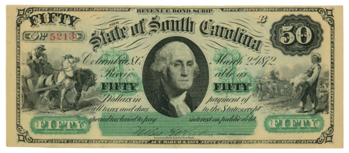 1872 State of South Carolina Columbia SC $50 Obsolete Note CR-8 (64982)
