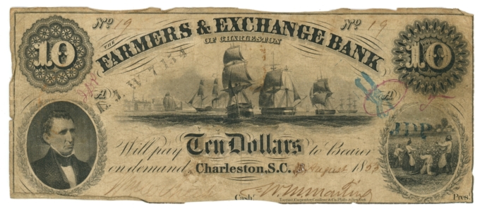1853 Farmers & Exchange Bank of Charleston $10 SC (L6120)