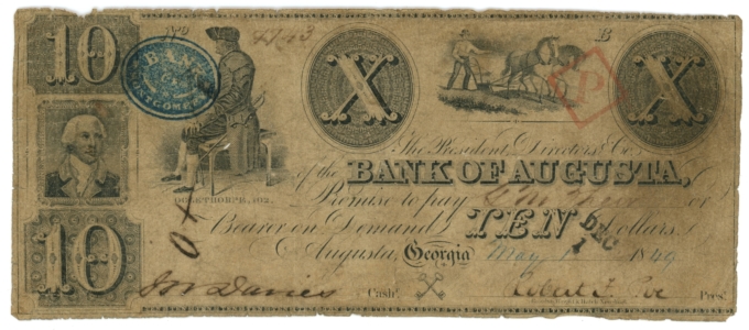 1849 Bank of Augusta $10 Georgia GA (L6201)