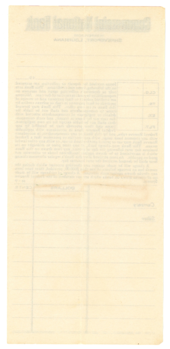 19XX Commercial National Bank deposit slip Shreveport, LA (L6206)