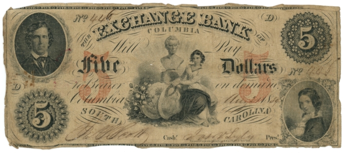 1854 Exchange Bank of Columbia South Carolina $5 SC (L6217)