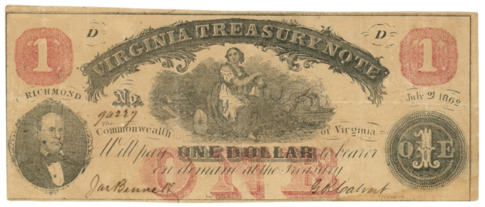 1862 Virginia Treasury Note $1 Richmond VA (L6230)
