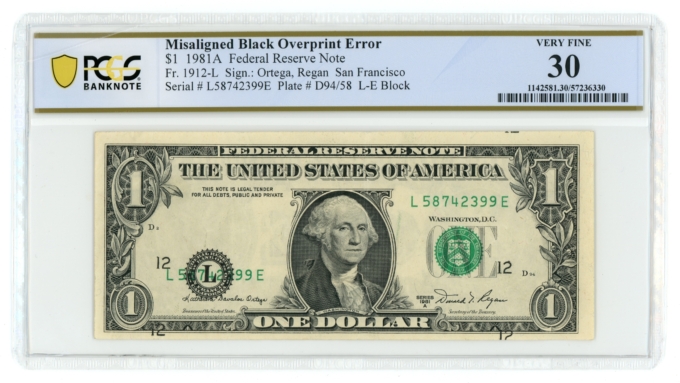 1981A $1 FRN Misaligned Black Overprint Error PCGS VF30 (L6236)