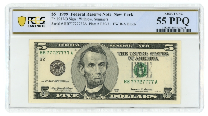 1999 $5 FRN New York FR-1987B PCGS AU55 PPQ