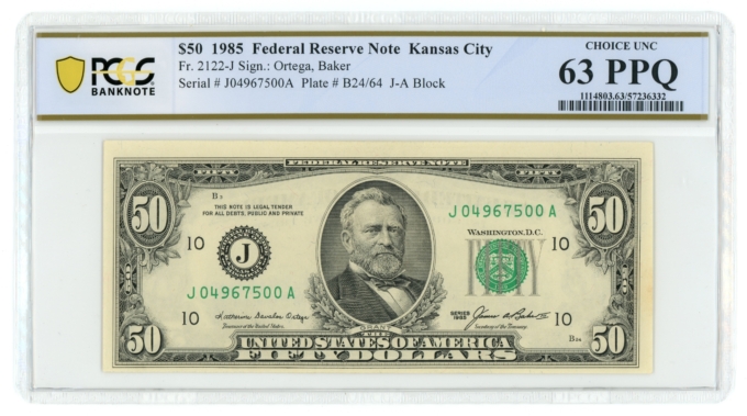 1985 $50 FRN Kansas City FR-2122-J PCGS 63PPQ (L6239)