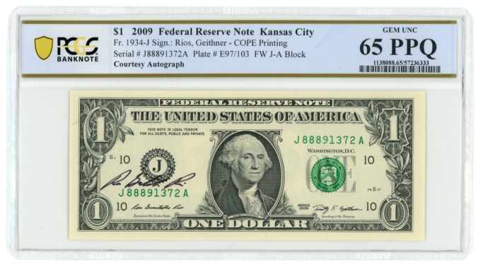 2009 $1 FRN Kansas City FR-1934-J PCGS 65PPQ (L6240)