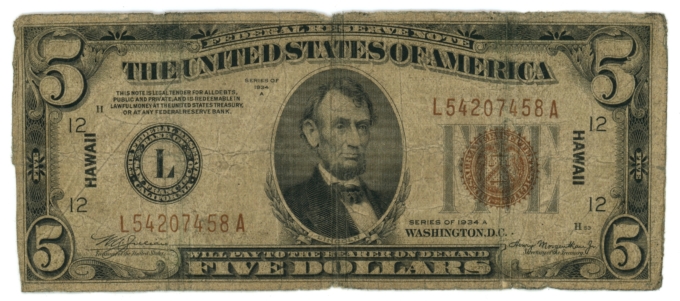 1934A $5 Hawaii Emergency Issue (L6241)