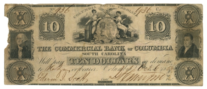 1853 Commercial Bank of Columbia South Carolina $10 SC (L6249)