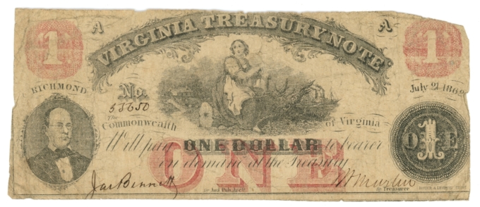 1862 Virginia Treasury Note $1 VA No.35650 (L6253)