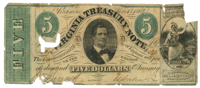 1862 Virginia Treasury Note $5 VA CR-13 (L6255)
