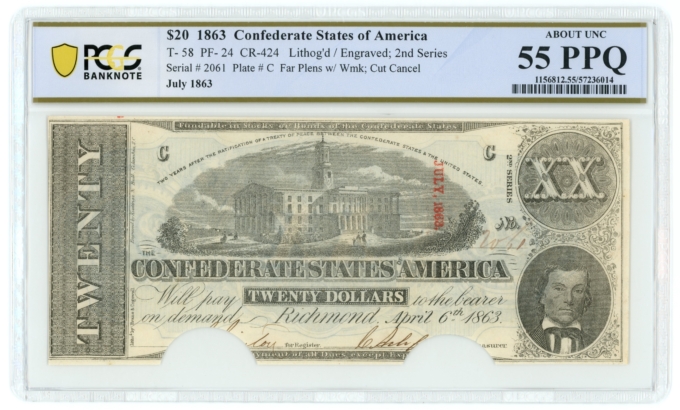 T-58 1863 Confederate States of America CSA $20 Note PCGS AU 55PPQ (65083)