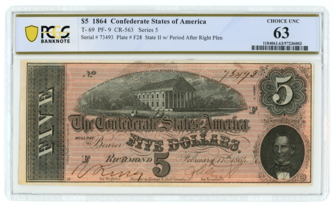T-69 1864 Confederate States of America CSA $5 Note PCGS UNC 63 GREAT COLOR