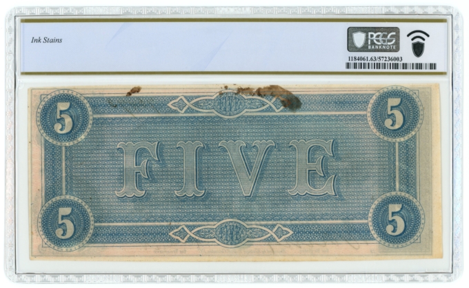 T-69 1864 Confederate States of America CSA $5 Note PCGS UNC 63 GREAT COLOR