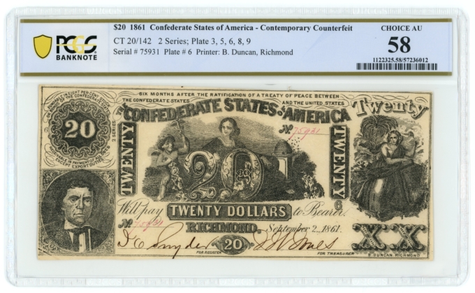 CT-20 1861 Confederate States of America CSA $20 Note CTFT PCGS AU 58 (65085)