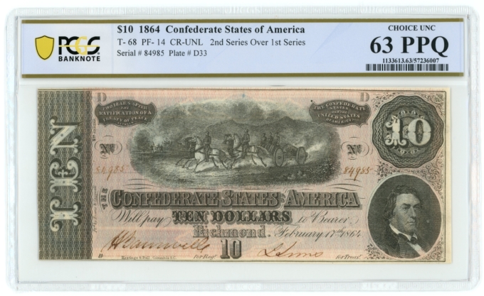 T-68 1864 Confederate States of America CSA $10 Note 2/1 Series PCGS 63PPQ 65087