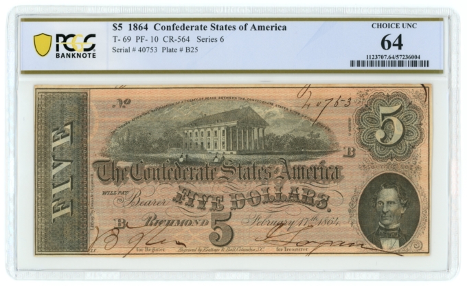 T-69 1864 Confederate States of America CSA $5 Note PCGS UNC 64 (65089)