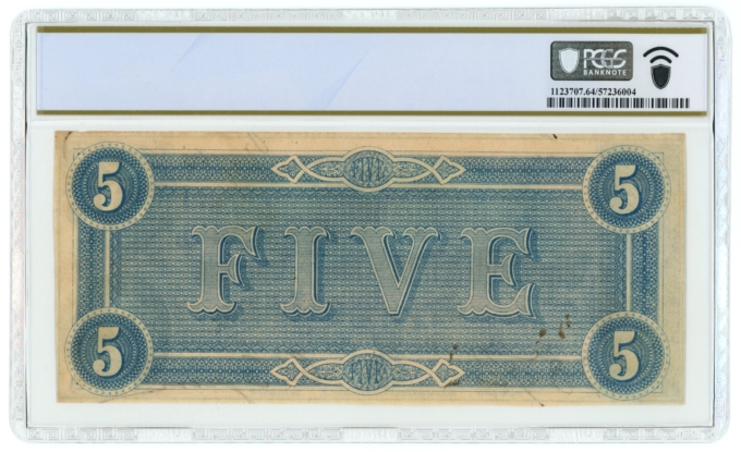 T-69 1864 Confederate States of America CSA $5 Note PCGS UNC 64 (65089)