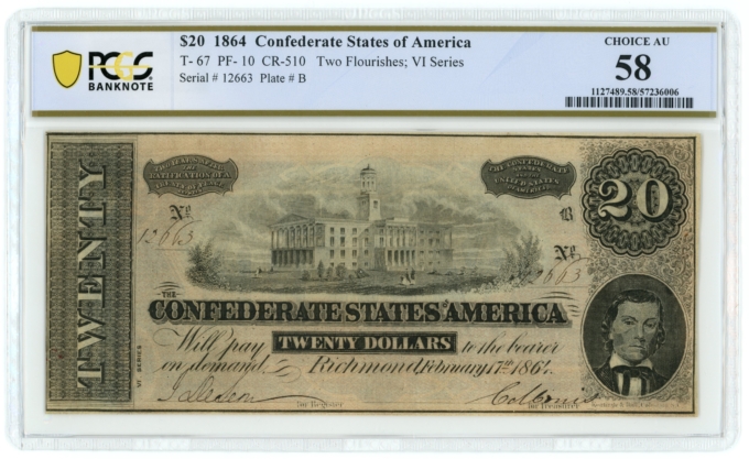 T-67 1864 Confederate States of America CSA $20 Note PCGS AU 58 (65090)