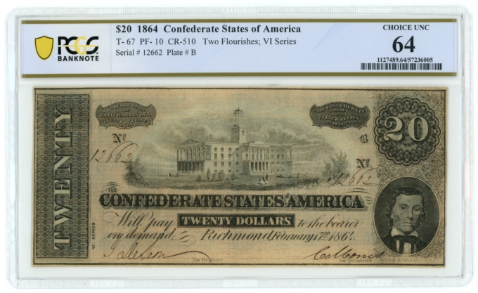 T-67 1864 Confederate States of America CSA $20 Note PCGS UNC 64 (65091)