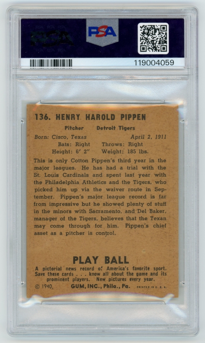 1940 Play Ball #136 Cotton Pippen Detroit Tigers Card PSA 5 EX (65096)