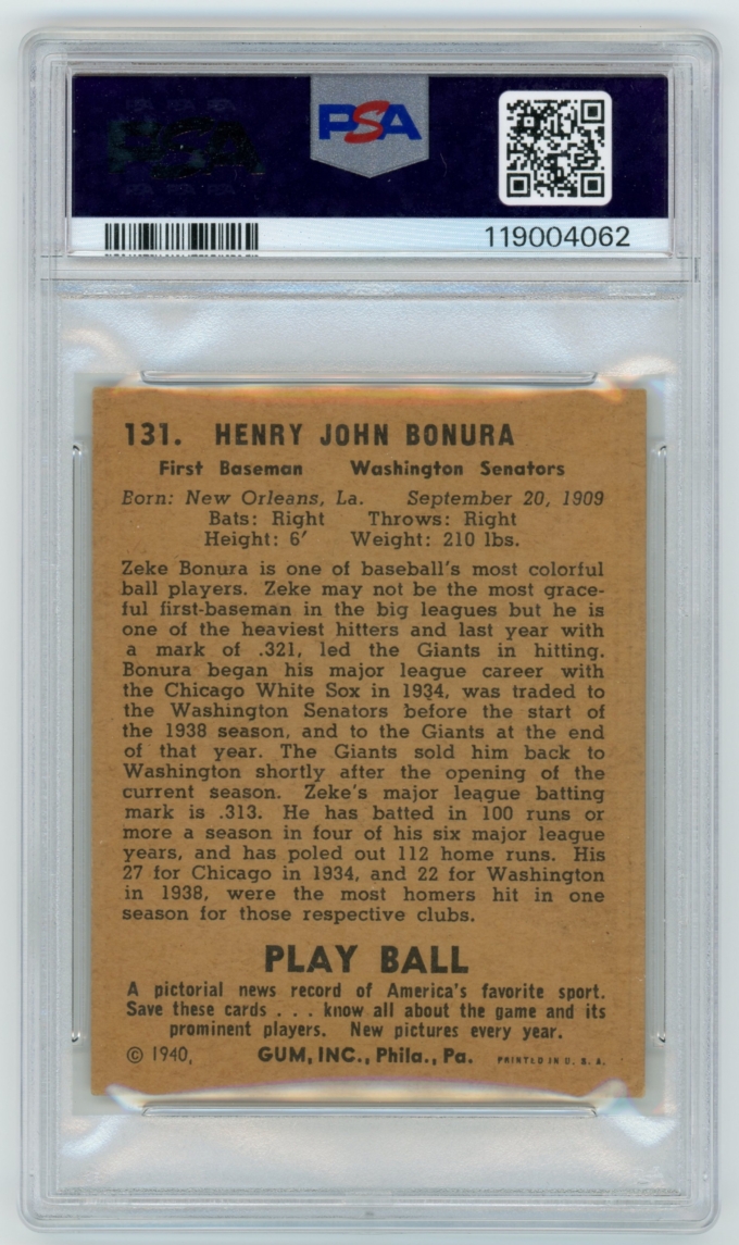1940 Play Ball #131 Zeke Bonura Washington Senators Card PSA 4 VG-EX (65097)