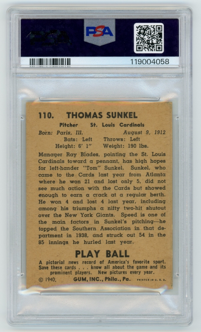 1940 Play Ball #110 Tom Sunkel St. Louis Cardinals Card PSA 4 VG-EX (65098)