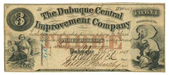 1858 Dubuque Central Improvement Company Iowa IA $3 Obsolete (65174)