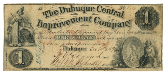 1858 Dubuque Central Improvement Company Iowa IA $1 Obsolete (65175)