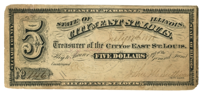 1878 City of East St Louis Illinois IL $5 Obsolete - Treasury Warrant (65176)