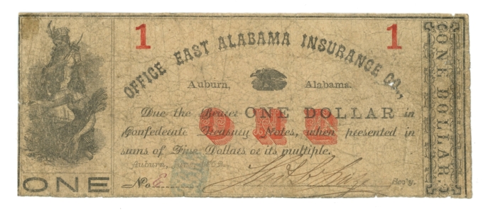 1862 East Alabama Insurance Co Auburn Alabama AL $1 Obsolete R15-8 (65177)