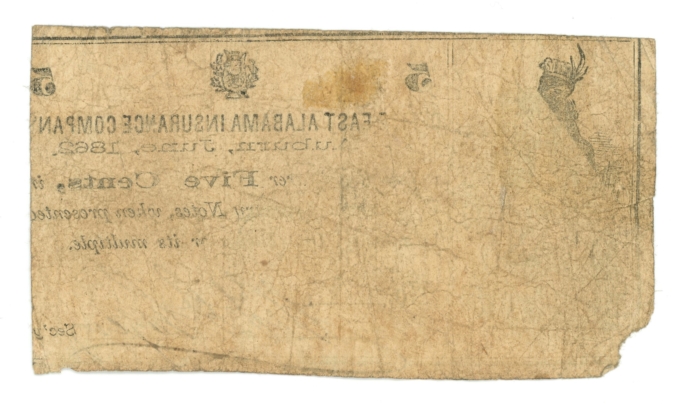 1862 East Alabama Insurance Co Auburn Alabama AL 5c Obsolete R15-UNL (65178)