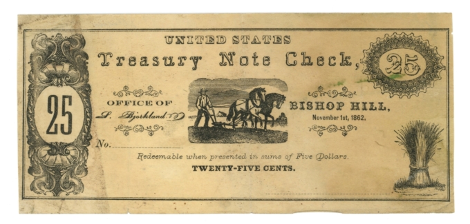 1862 L Bjorkland Bishop Hill Illinois IL 25c US Treasury Note Check (65182)