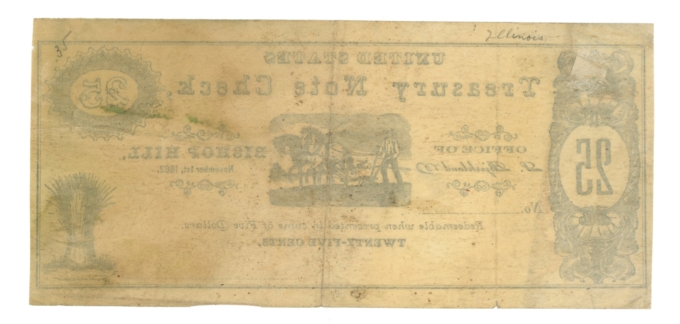 1862 L Bjorkland Bishop Hill Illinois IL 25c US Treasury Note Check (65182)