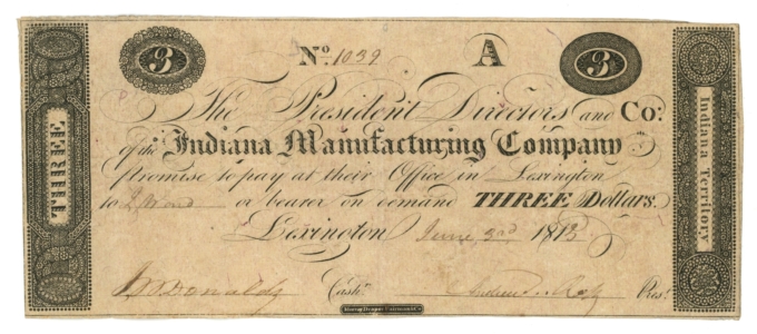 1815 Indiana Manufacturing Co Lexington Indiana Territory $3 Obsolete (65187)