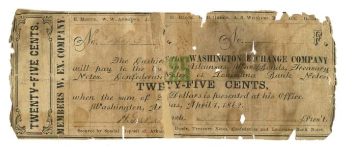 1862 Washington Exchange Company Arkansas AR 25c Obsolete Scrip R7 (65188)