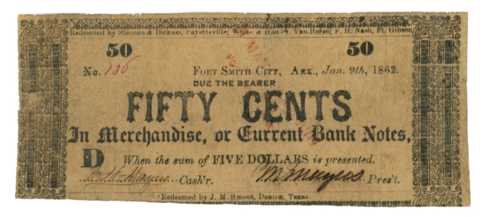 1862 M Mayers Fort Smith City Arkansas AR 50c Scrip - Civil War Era (65190)