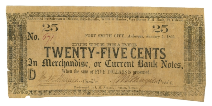 1862 M Mayers Fort Smith City Arkansas AR 25c Scrip RARE DENOM (65192)