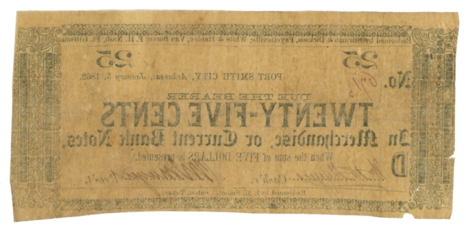 1862 M Mayers Fort Smith City Arkansas AR 25c Scrip RARE DENOM (65192)