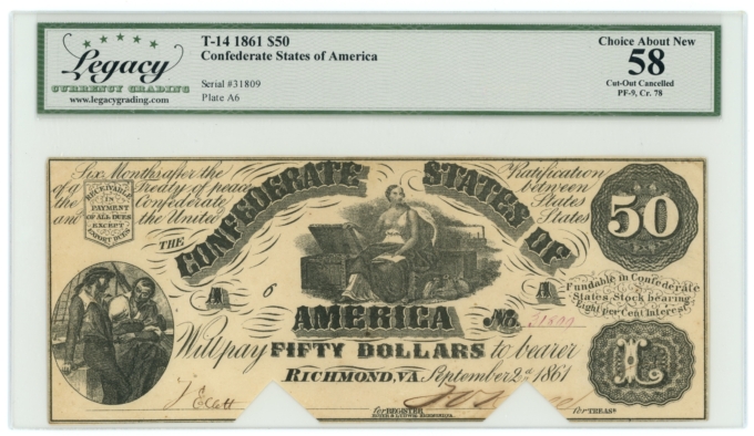 T-14 1861 Confederate States of America CSA $50 Note PF-9 CR-78 LCG AU58 (65260)