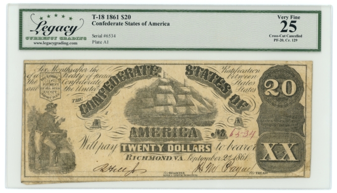 T-18 1861 Confederate States of America CSA $20 PF-20 CR-129 LCG VF25 (65262)