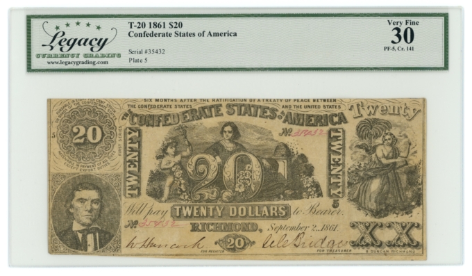 T-20 1861 Confederate States of America CSA $20 PF-5 CR-141 LCG VF30 (65263)