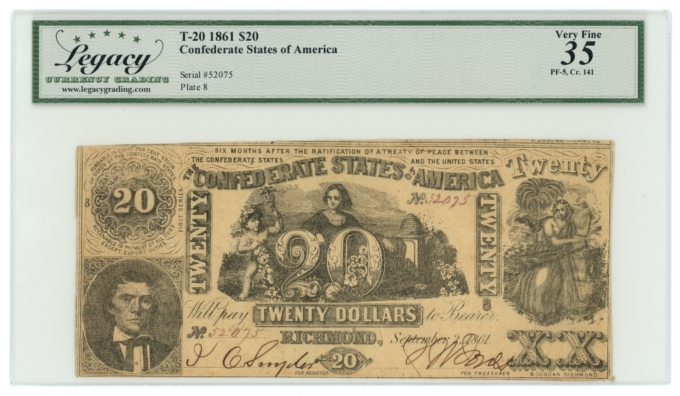 T-20 1861 Confederate States of America CSA $20 PF-5 CR-141 LCG VF35 (65264)