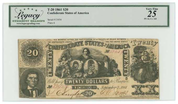 T-20 1861 Confederate States of America CSA $20 PF-14 CR-143 LCG VF25 (65265)