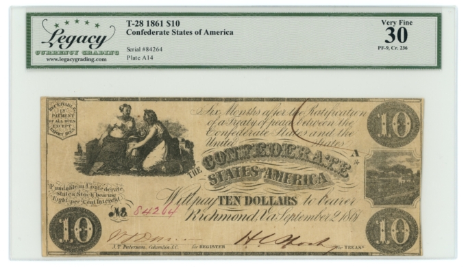 T-28 1861 Confederate States of America CSA $10 PF-9 CR-236 LCG VF30 (65266)