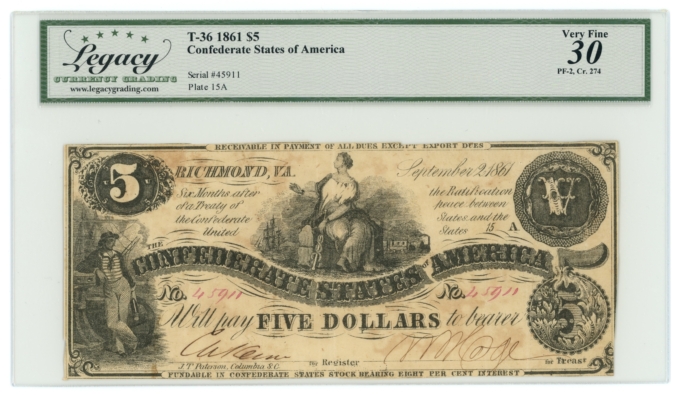 T-36 1861 Confederate States of America CSA $5 PF-2 CR-274 LCG VF30 (65267)