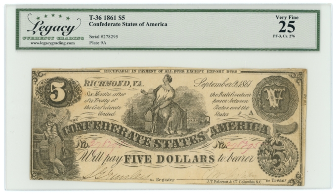 T-36 1861 Confederate States of America CSA $5 PF-3 CR-276 LCG VF25 (65268)