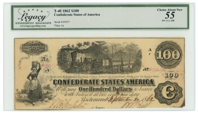 T-40 1862 Confederate States of America CSA $100 PF-1 CR-298 LCG AU55 (65269)
